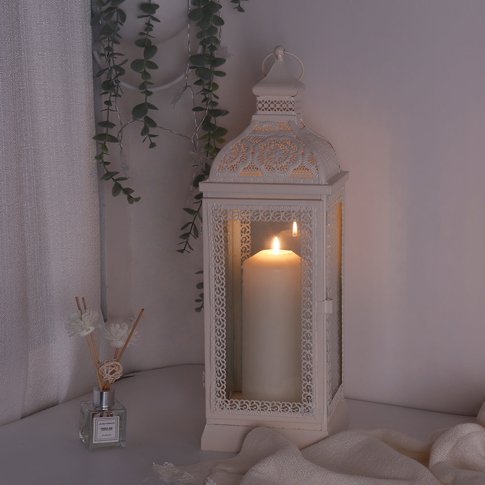 Rustic Metal Decorative Candle Lantern Hanging Candle Holder with Tempered Glass(White)
