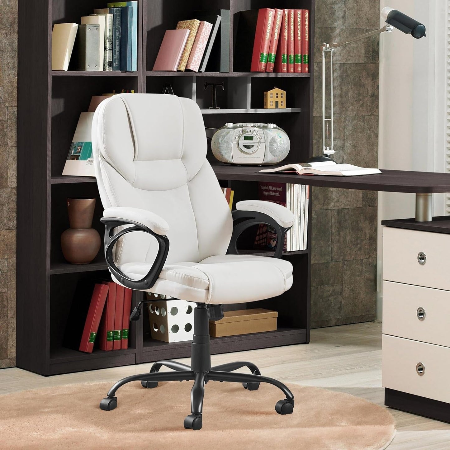 High Back Executive Chair Faux Leather Managerial Chair Ergonomic Task Chair Computer Meeting Chair Large Seat Swivel Chair, Sturdy Metal Base,White-4