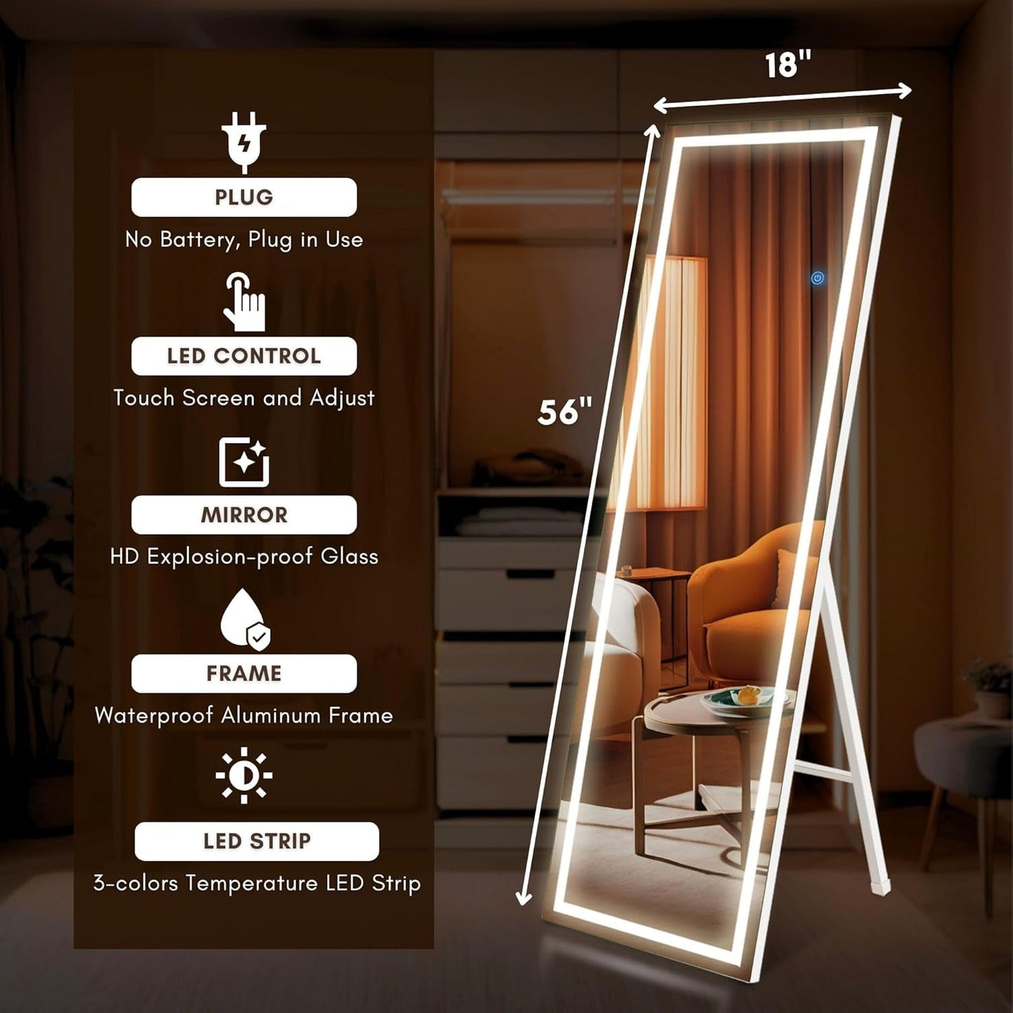 56"x18" LED Full Length Mirror: 3 Color Lights
