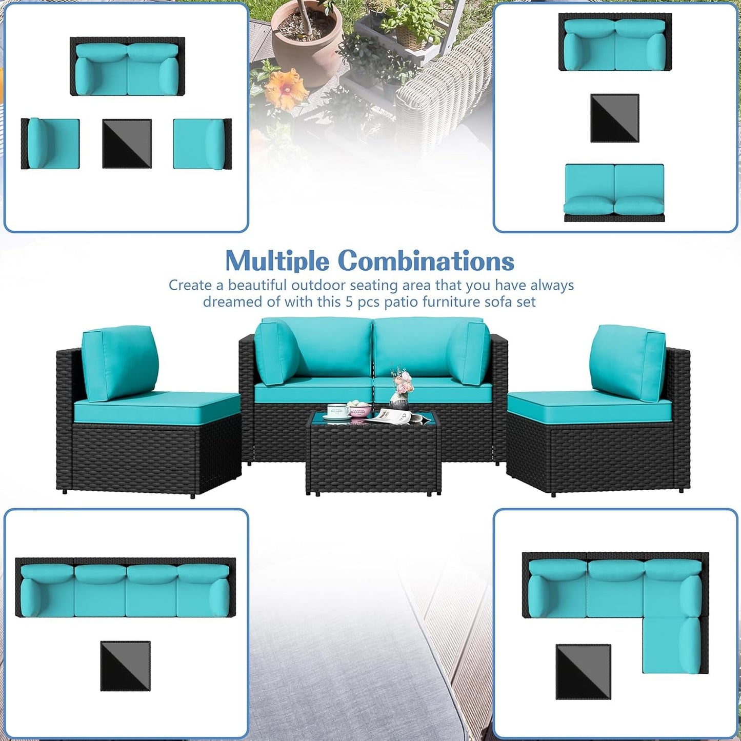 Five Piece Outdoor Patio Sectional Sofa Set Blue-4