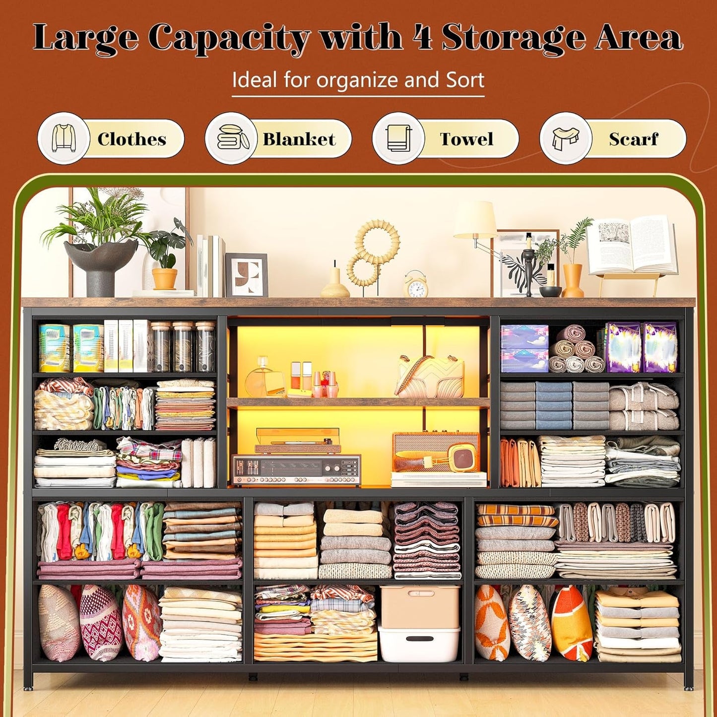 Dresser With LED Lights And Power Outlets 12 Fabric Drawers-4