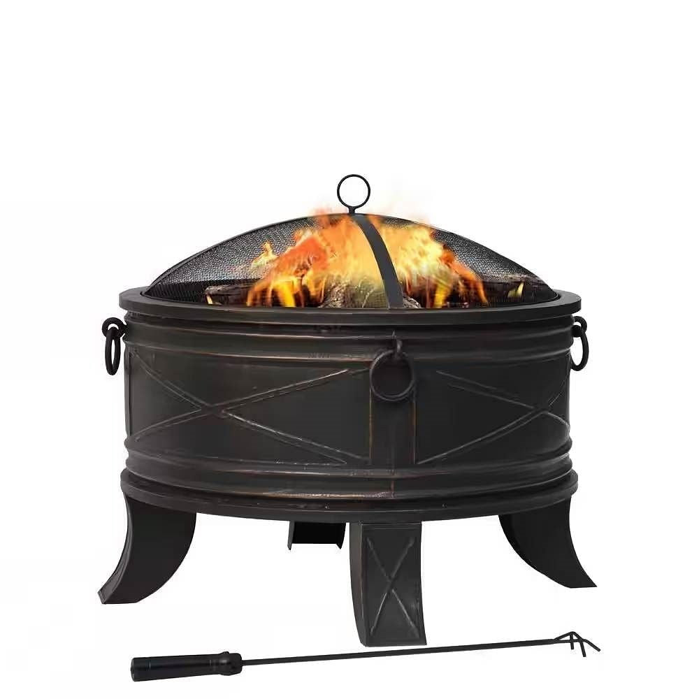 26-inch Round Steel Outdoor Fire Pit with Cover and Poker in Bronze-2