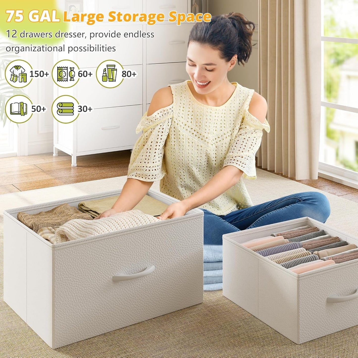 Dresser for Bedroom with LED Lights, 12 Drawers Bedroom Dresser, Black Dresser and Tall Dresser with Open Shelves, Fabric Dressers & Chests of Drawers with Sturdy Metal Frame, White