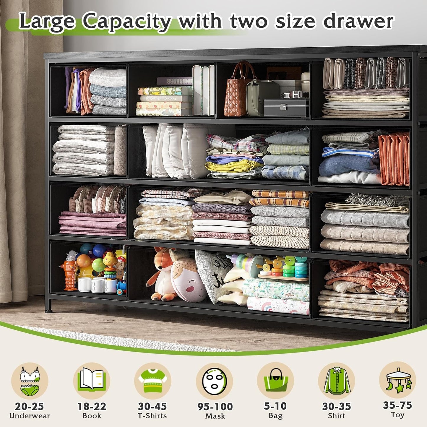 Black Dresser, Dresser for Bedroom with 13 Storage Drawers, Dressers & Chests of Drawers for 55" TV, Black Dresser for Bedroom, Long Dresser for Closet, Entryway