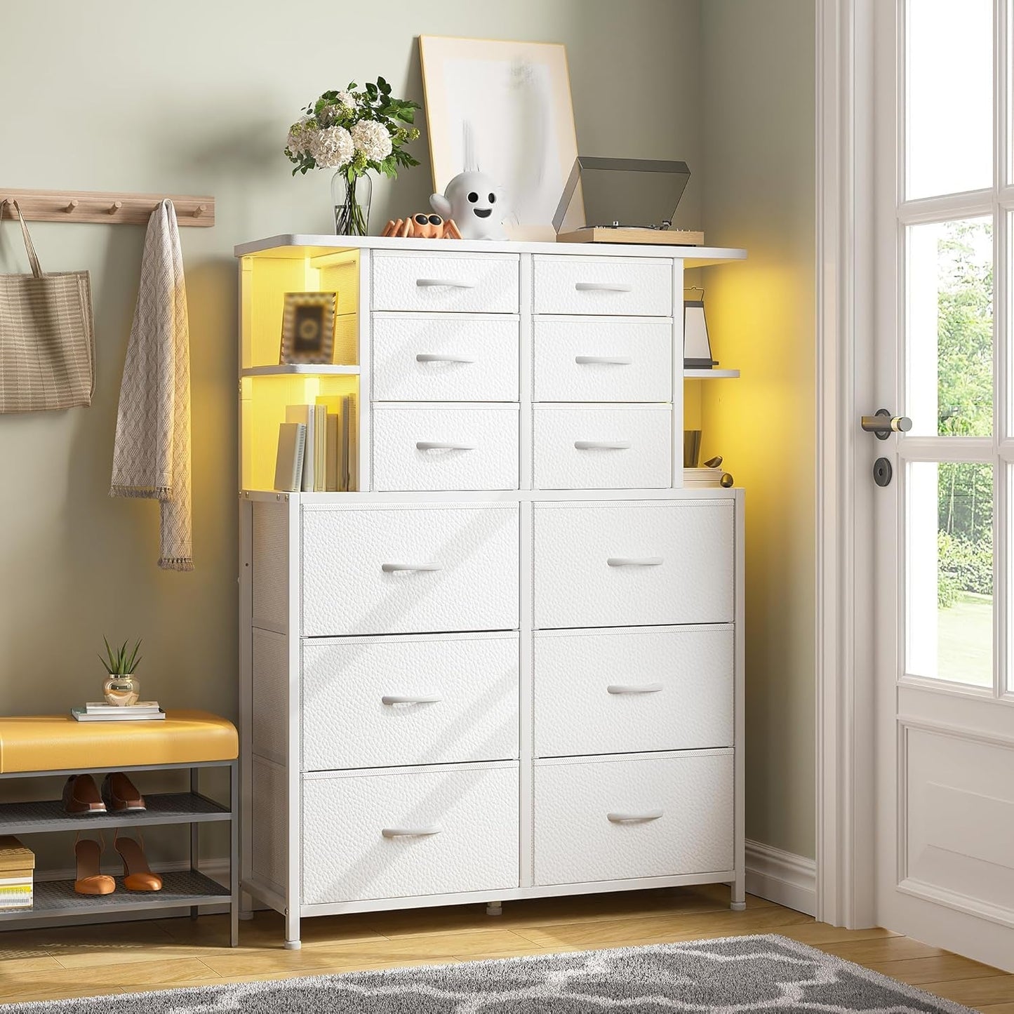 Dresser for Bedroom with LED Lights, 12 Drawers Bedroom Dresser, Black Dresser and Tall Dresser with Open Shelves, Fabric Dressers & Chests of Drawers with Sturdy Metal Frame, White