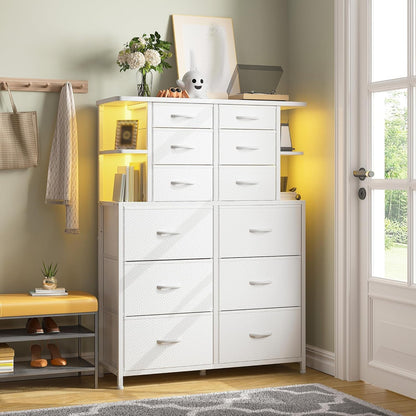 Dresser for Bedroom with LED Lights, 12 Drawers Bedroom Dresser, Black Dresser and Tall Dresser with Open Shelves, Fabric Dressers & Chests of Drawers with Sturdy Metal Frame, White