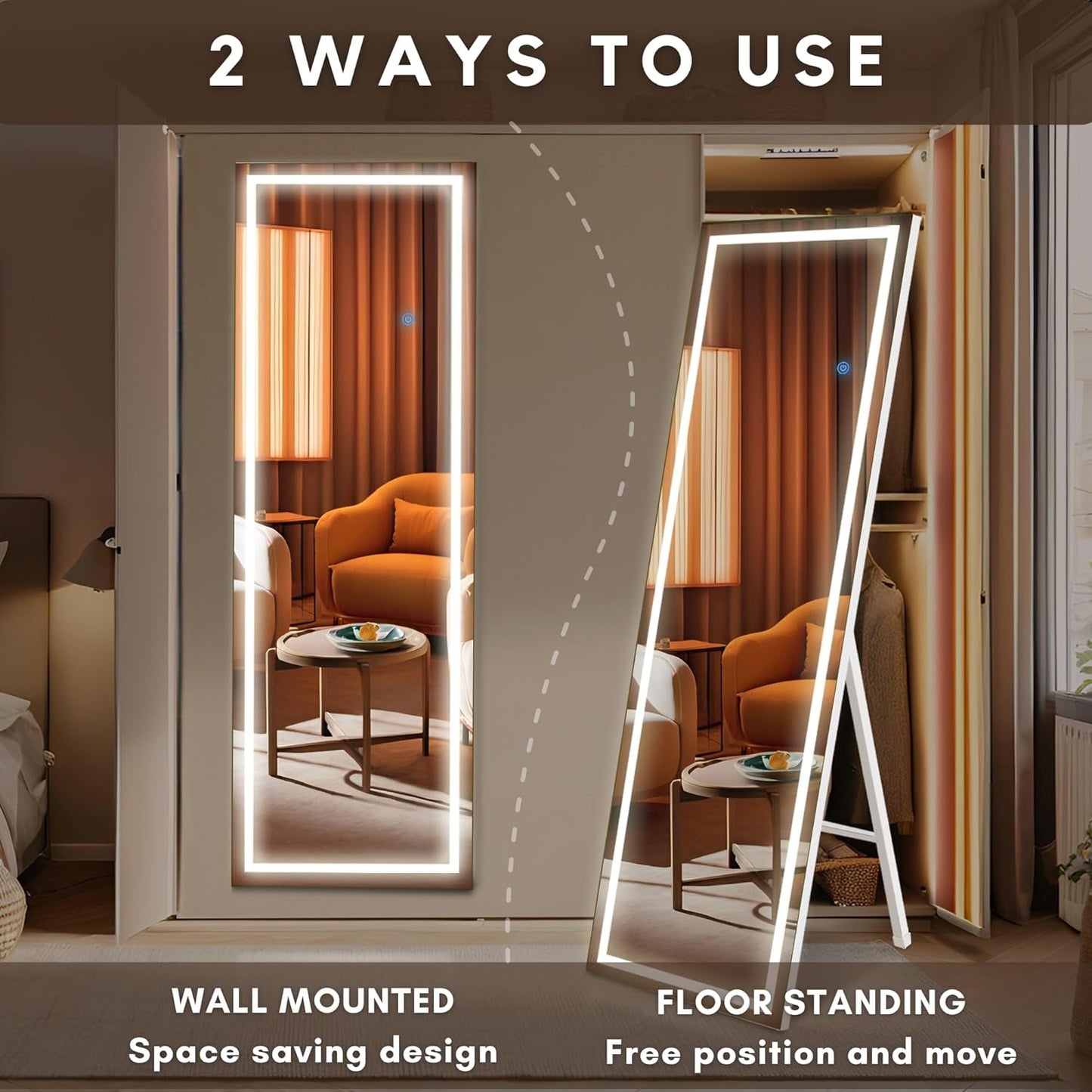 56"x18" LED Full Length Mirror: 3 Color Lights