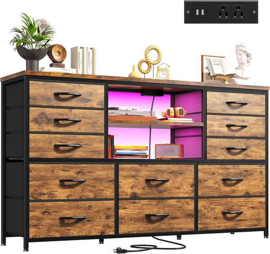 Dresser with LED Lights & Power Outlets, 12 Drawers Dresser TV Stand for 60''TV for Bedroom Dresser Fabric Dressers & Chest of Drawers, Sturdy Long Dresser for Closet Living Room,Hallway