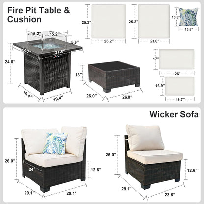 8 Piece Wicker Patio Furniture Set with Fire Pit