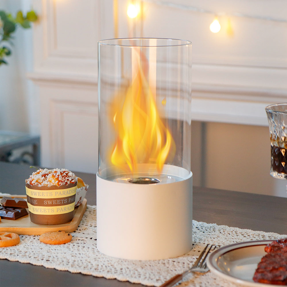 JHY DESIGN Portable Tabletop Firepit – Cylindrical Glass, 25cm H, Bio Ethanol Ventless, Indoor/Outdoor