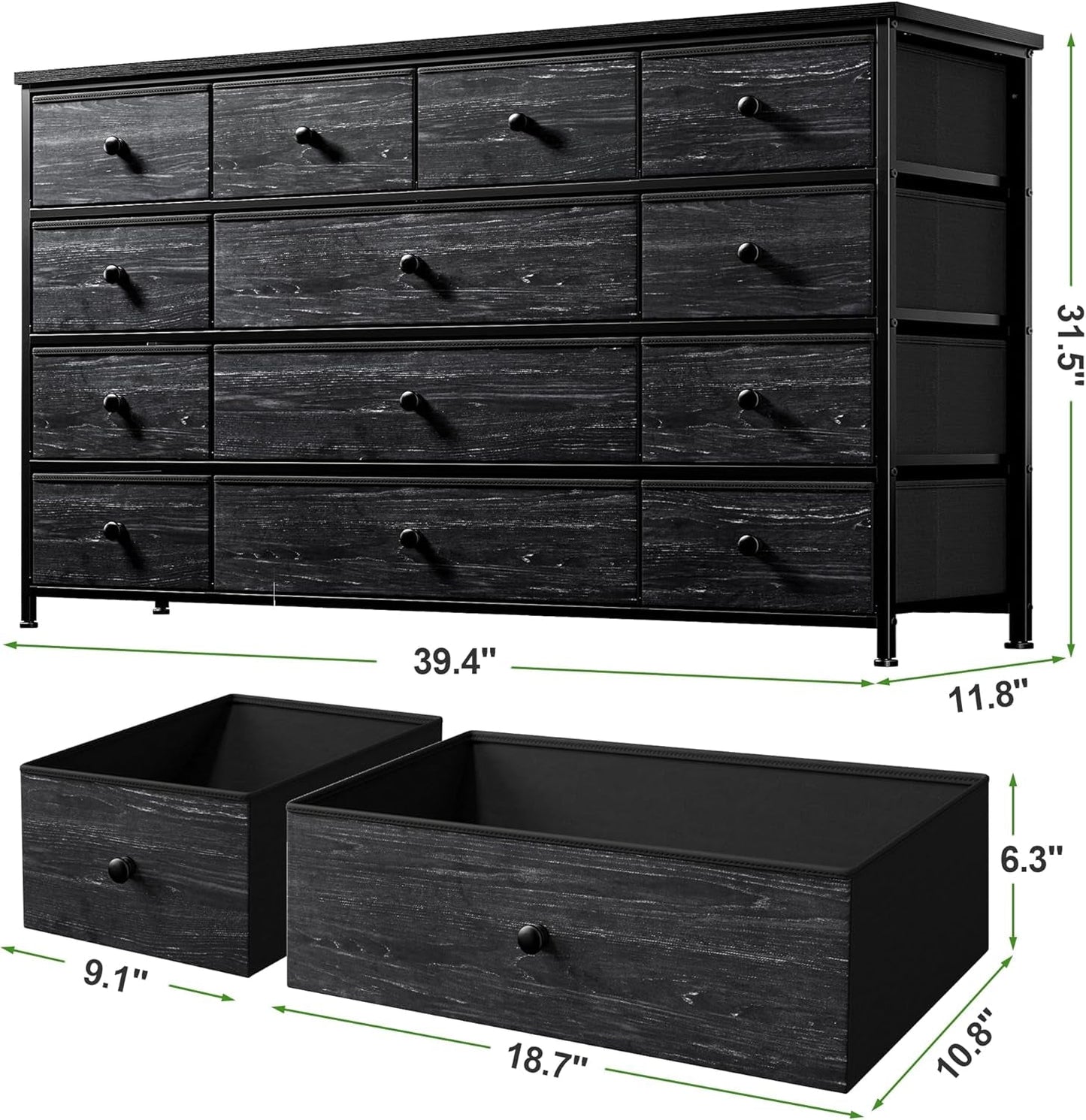 Black Dresser, Dresser for Bedroom with 13 Storage Drawers, Dressers & Chests of Drawers for 55" TV, Black Dresser for Bedroom, Long Dresser for Closet, Entryway