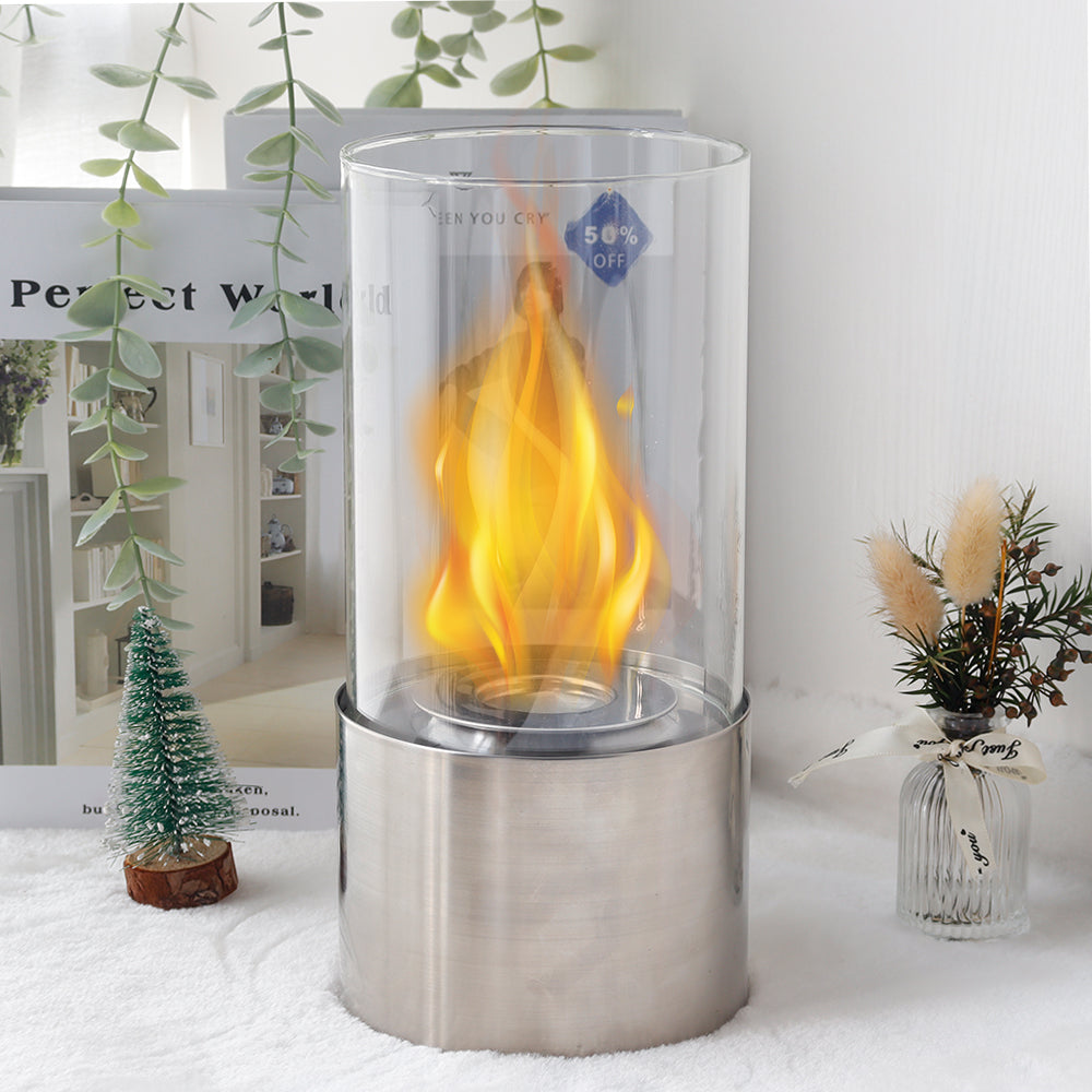 JHY DESIGN Portable Tabletop Firepit – Cylindrical Glass, 25cm H, Bio Ethanol Ventless, Indoor/Outdoor