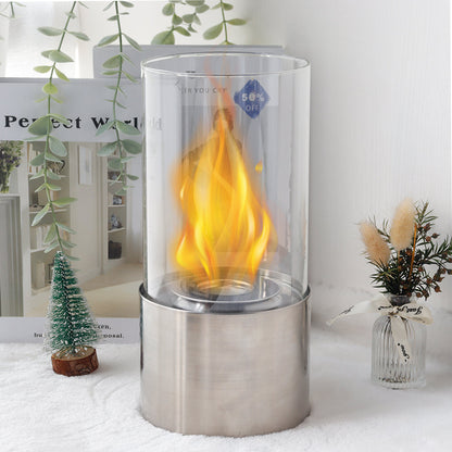 JHY DESIGN Portable Tabletop Firepit – Cylindrical Glass, 25cm H, Bio Ethanol Ventless, Indoor/Outdoor