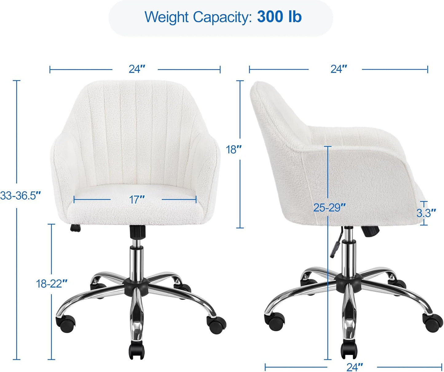 Boucle Vanity Chair Makeup Desk Chair Modern Office Chair Mid Back Accent Chair Height Adjustable Task Chair Swivel Computer Chair with Arms Ivory-2