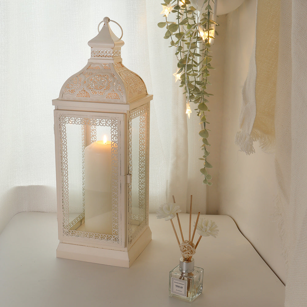 Rustic Metal Decorative Candle Lantern Hanging  Candle Holder with Tempered Glass(White)