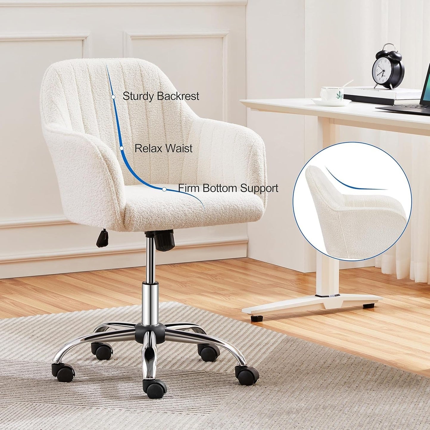 Boucle Vanity Chair Makeup Desk Chair Modern Office Chair Mid Back Accent Chair Height Adjustable Task Chair Swivel Computer Chair with Arms Ivory-3