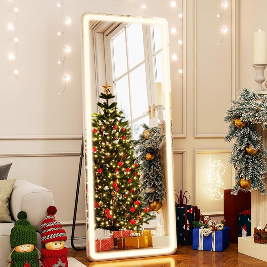 26X68 Inch Full Length Mirror with Lights, LED Lighted Floor Standing, Hanging Mirror Full Length with Stand Free, Full Body Dressing Mirrors with Dimmable 3 Color LED