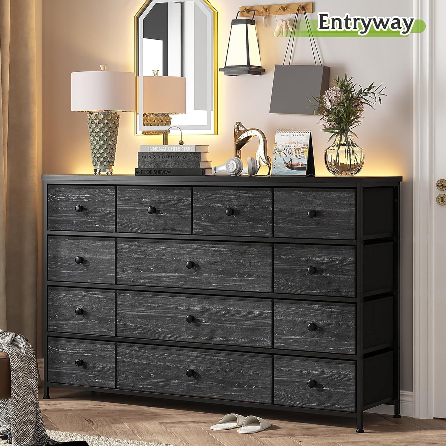 Black Dresser, Dresser for Bedroom with 13 Storage Drawers, Dressers & Chests of Drawers for 55" TV, Black Dresser for Bedroom, Long Dresser for Closet, Entryway
