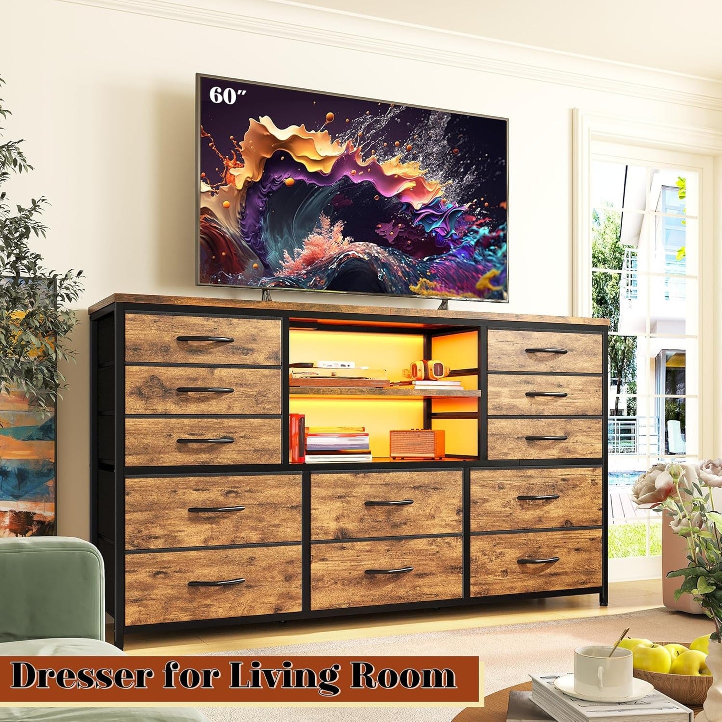 Dresser with LED Lights & Power Outlets, 12 Drawers Dresser TV Stand for 60''TV for Bedroom Dresser Fabric Dressers & Chest of Drawers, Sturdy Long Dresser for Closet Living Room,Hallway