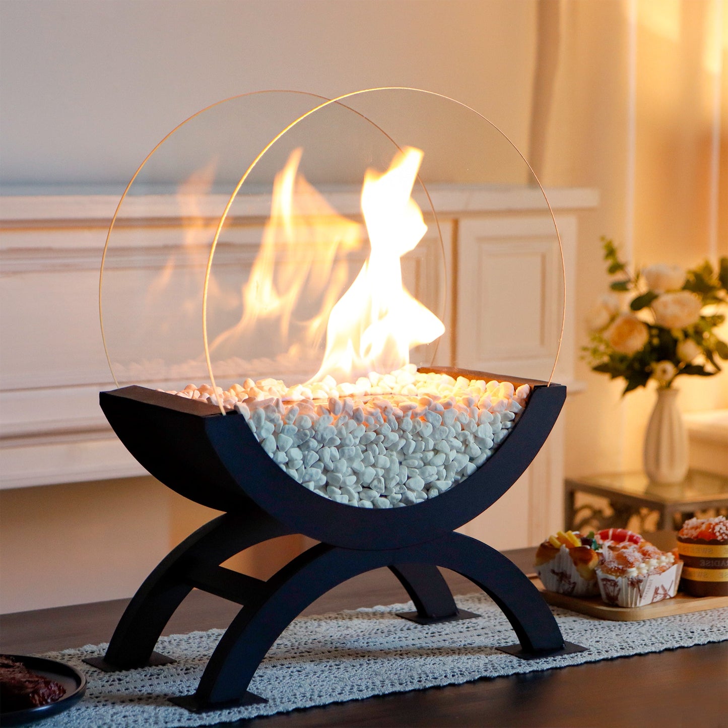 Portable Round Tabletop Fireplace 48cm H – Clean Burning Bio Ethanol, Ventless Glass Fire Bowl,