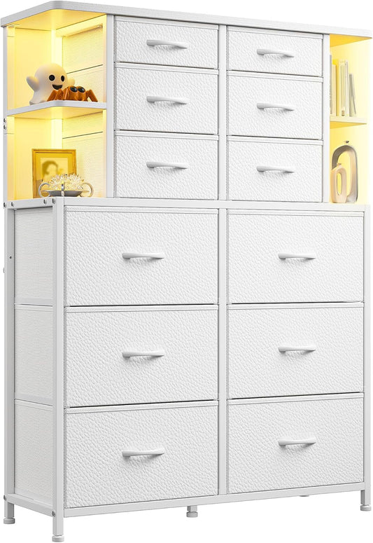 White Bedroom Dresser With LED Lights And 12 Deep Drawers-0