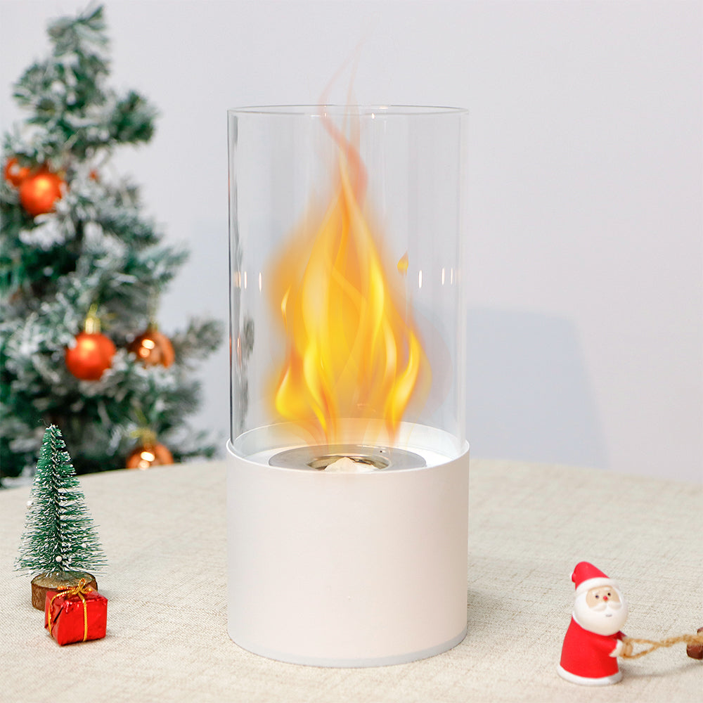 JHY DESIGN Portable Tabletop Firepit – Cylindrical Glass, 25cm H, Bio Ethanol Ventless, Indoor/Outdoor