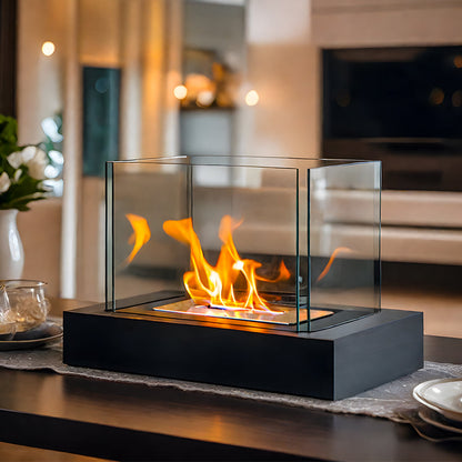 360° View Rectangular Tabletop Fire Bowl | Four-Sided Glass Bio-Ethanol Fire Pit for Patio, Deck & Indoor Decor | Modern Ventless Fireplace