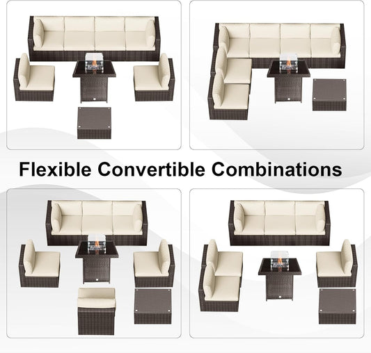 8 Piece Wicker Patio Furniture Set with Fire Pit