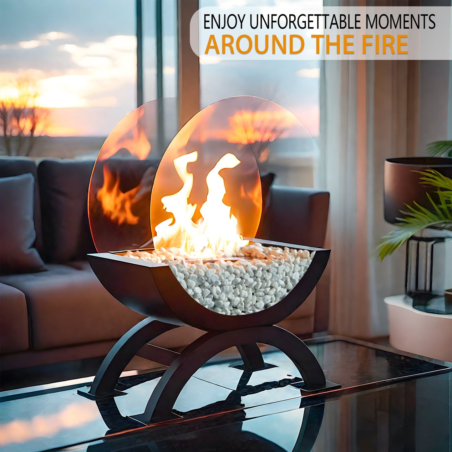 Portable Round Tabletop Fireplace 48cm H – Clean Burning Bio Ethanol, Ventless Glass Fire Bowl,