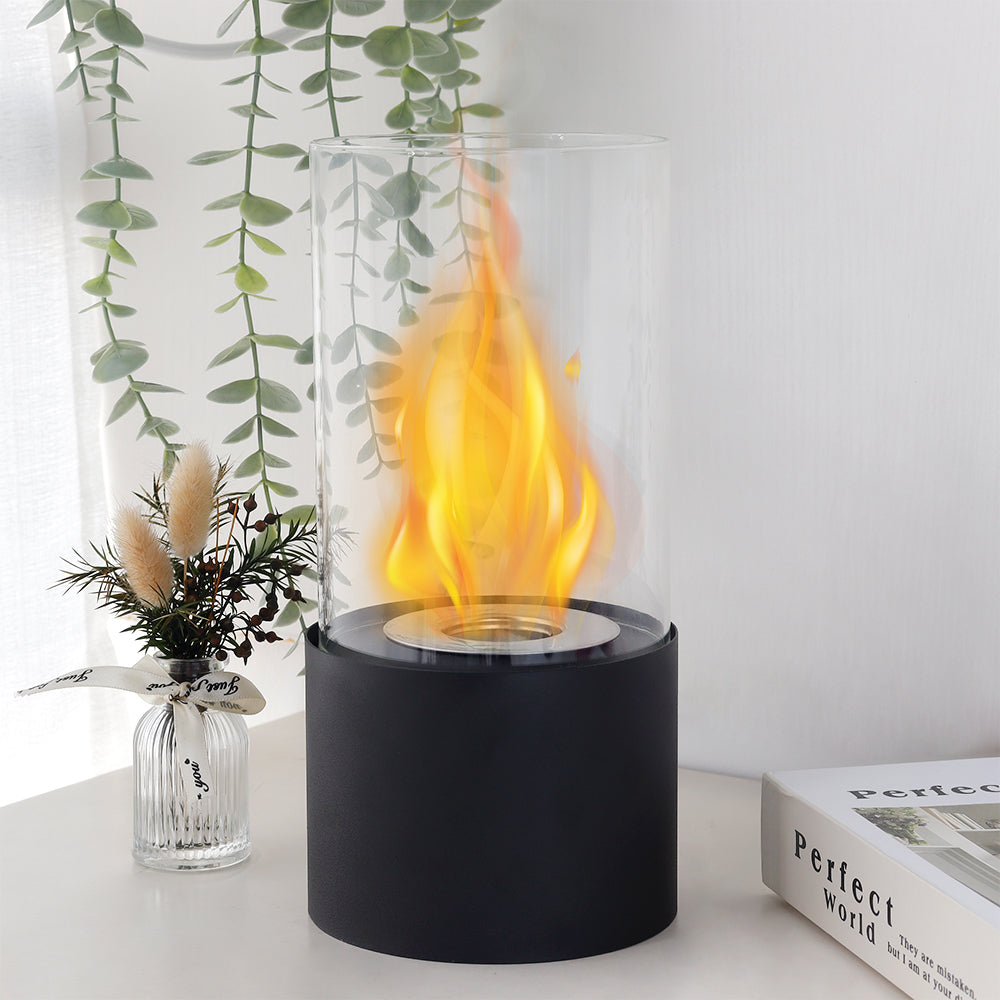 JHY DESIGN Portable Tabletop Firepit – Cylindrical Glass, 25cm H, Bio Ethanol Ventless, Indoor/Outdoor
