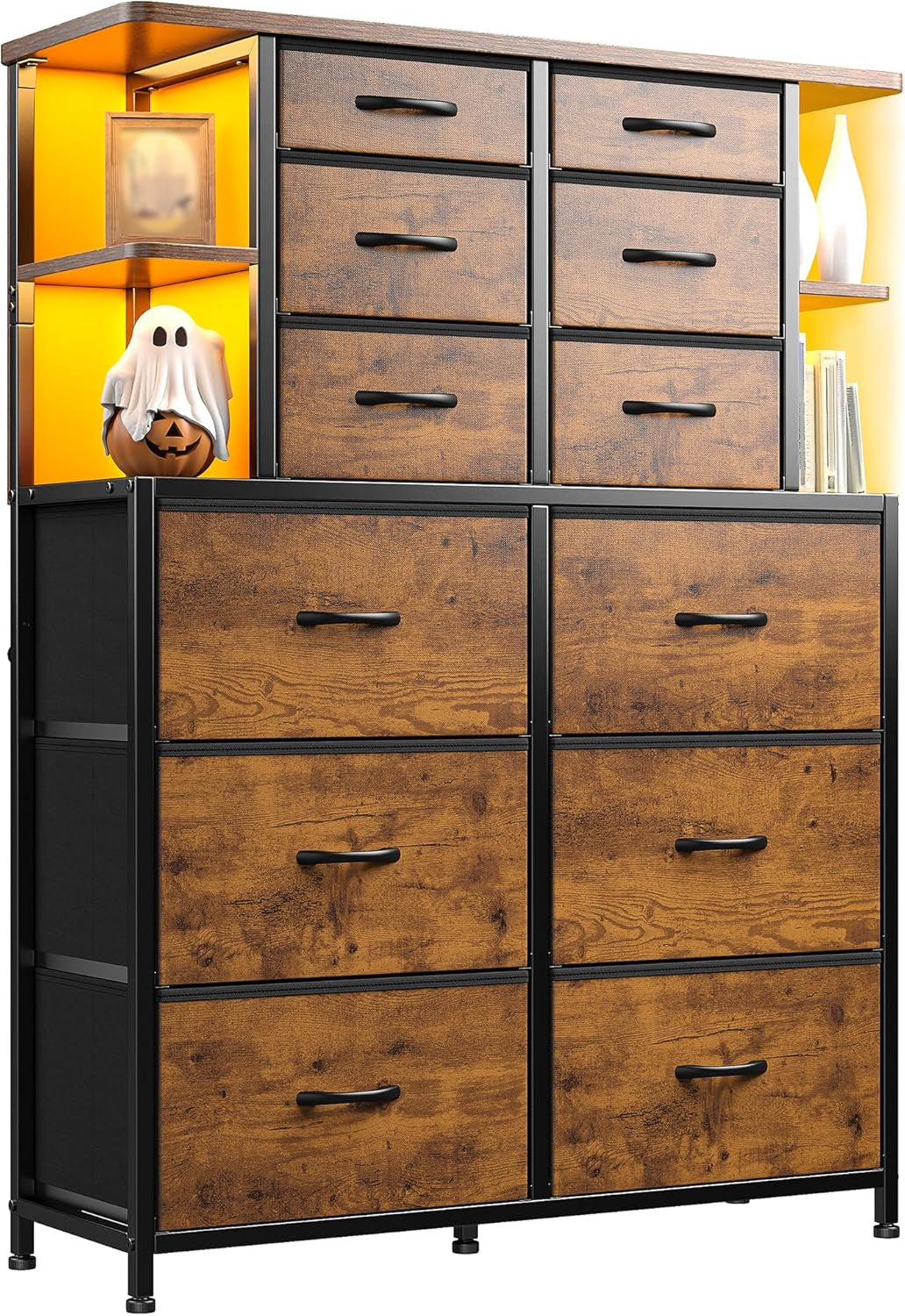 Dresser for Bedroom with LED Lights, 12 Drawers Bedroom Dresser, Dresser and Tall Dresser with Open Shelves, Fabric Dressers & Chests of Drawers with Sturdy Metal Frame, Rustic Brown
