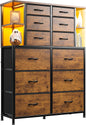 Dresser for Bedroom with LED Lights, 12 Drawers Bedroom Dresser, Dresser and Tall Dresser with Open Shelves, Fabric Dressers & Chests of Drawers with Sturdy Metal Frame, Rustic Brown