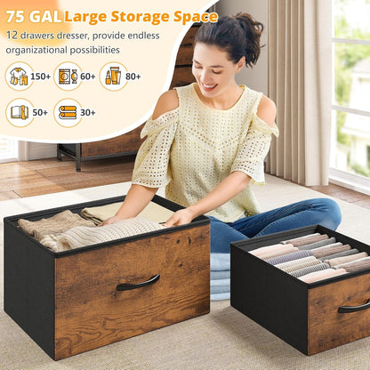 Dresser for Bedroom with LED Lights, 12 Drawers Bedroom Dresser, Dresser and Tall Dresser with Open Shelves, Fabric Dressers & Chests of Drawers with Sturdy Metal Frame, Rustic Brown