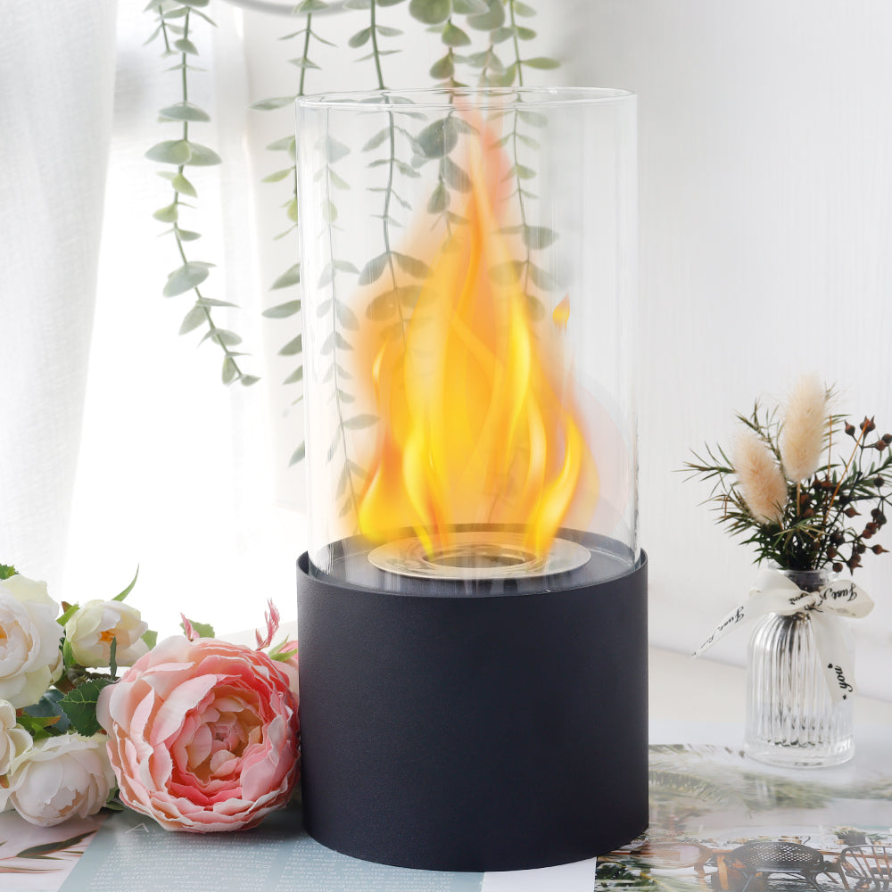JHY DESIGN Portable Tabletop Firepit – Cylindrical Glass, 25cm H, Bio Ethanol Ventless, Indoor/Outdoor