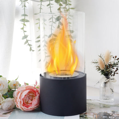 JHY DESIGN Portable Tabletop Firepit – Cylindrical Glass, 25cm H, Bio Ethanol Ventless, Indoor/Outdoor