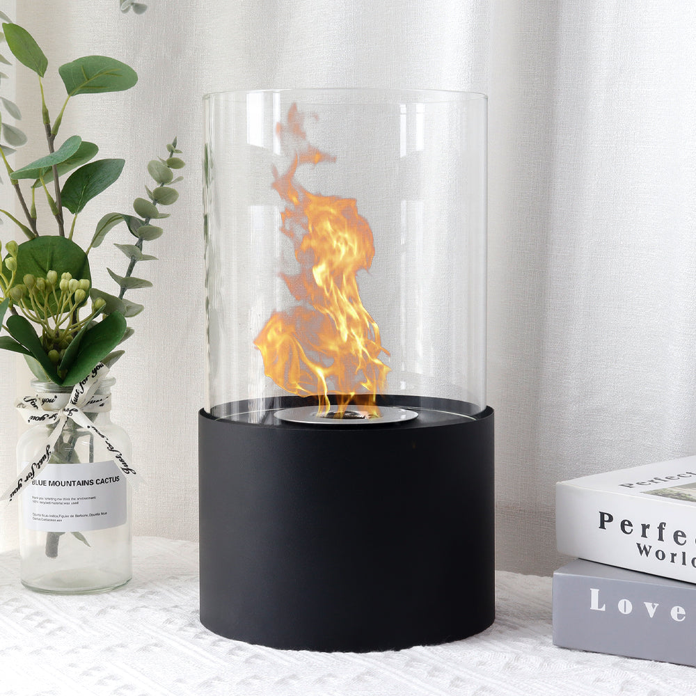 JHY DESIGN Tabletop Fire Bowl 29cm H – Bio Ethanol, Ventless, Cylindrical Glass, Indoor/Outdoor