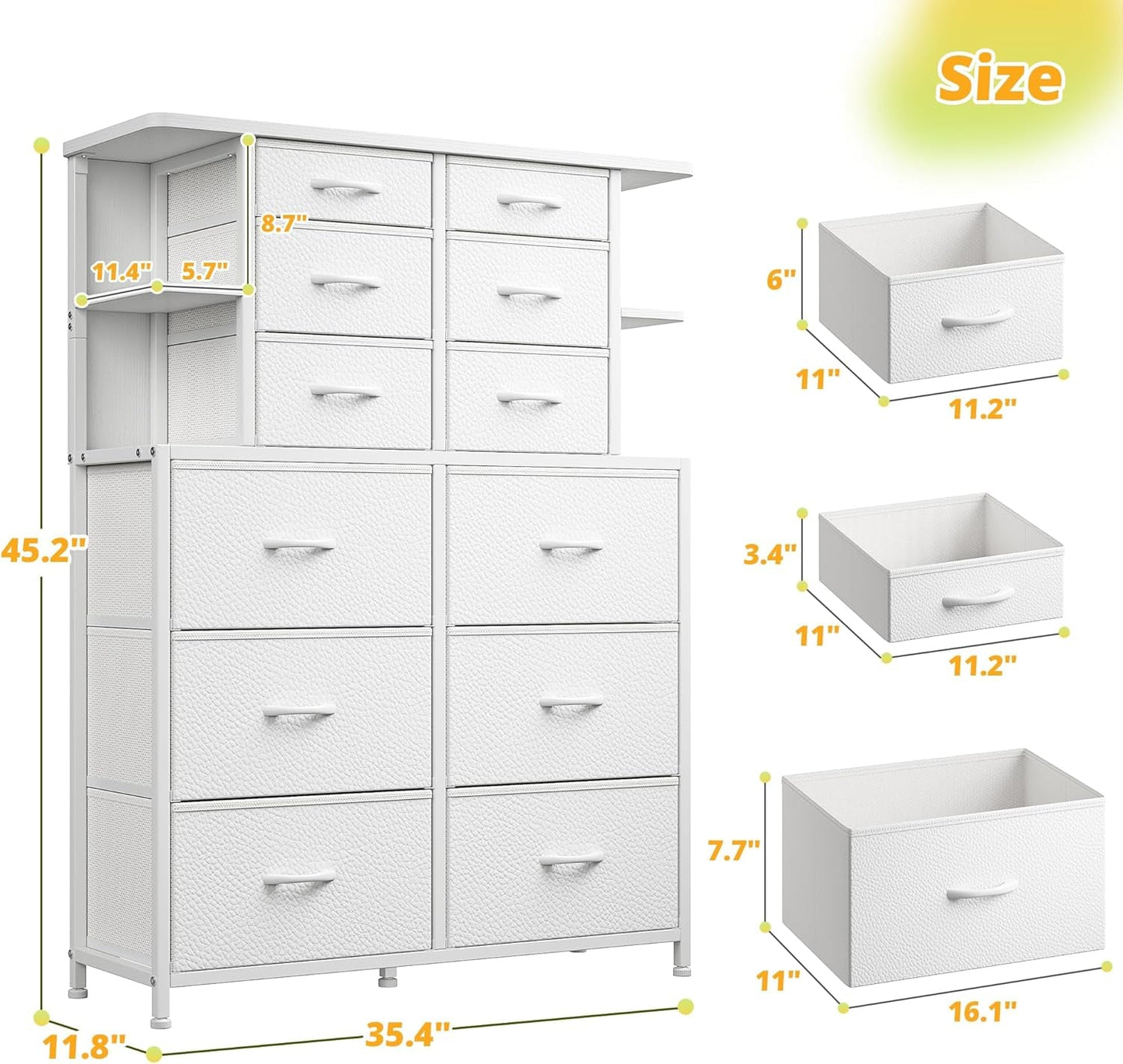 Dresser for Bedroom with LED Lights, 12 Drawers Bedroom Dresser, Black Dresser and Tall Dresser with Open Shelves, Fabric Dressers & Chests of Drawers with Sturdy Metal Frame, White