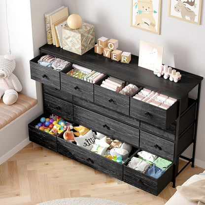 Black Dresser, Dresser for Bedroom with 13 Storage Drawers, Dressers & Chests of Drawers for 55" TV, Black Dresser for Bedroom, Long Dresser for Closet, Entryway