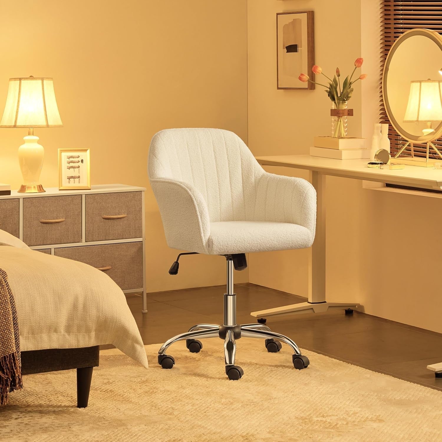 Boucle Vanity Chair Makeup Desk Chair Modern Office Chair Mid Back Accent Chair Height Adjustable Task Chair Swivel Computer Chair with Arms Ivory-1