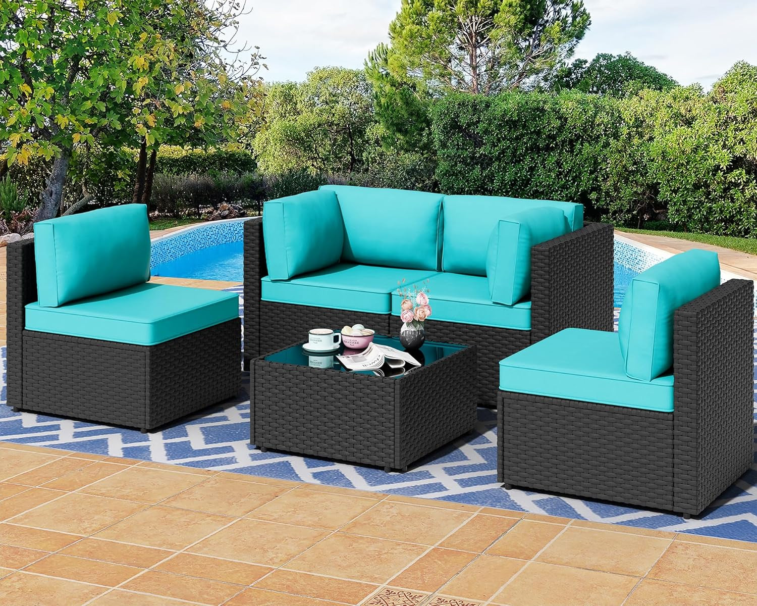 Five Piece Outdoor Patio Sectional Sofa Set Blue-0