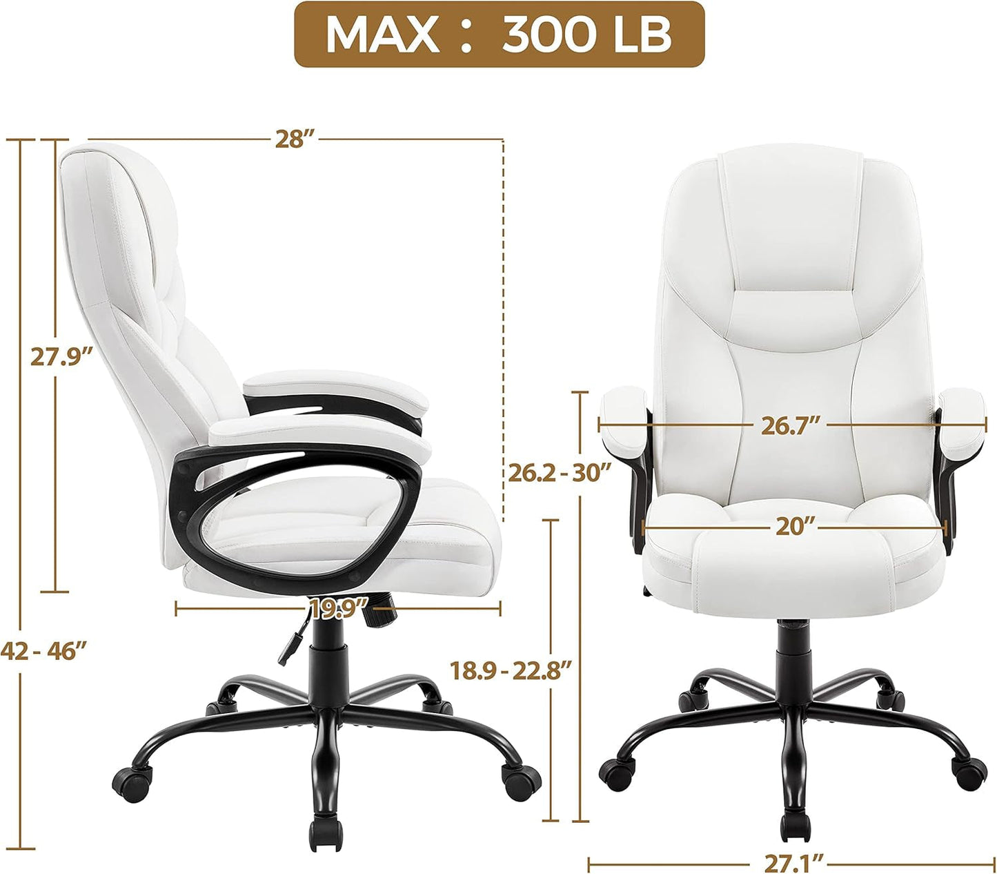 High Back Executive Chair Faux Leather Managerial Chair Ergonomic Task Chair Computer Meeting Chair Large Seat Swivel Chair, Sturdy Metal Base,White-2