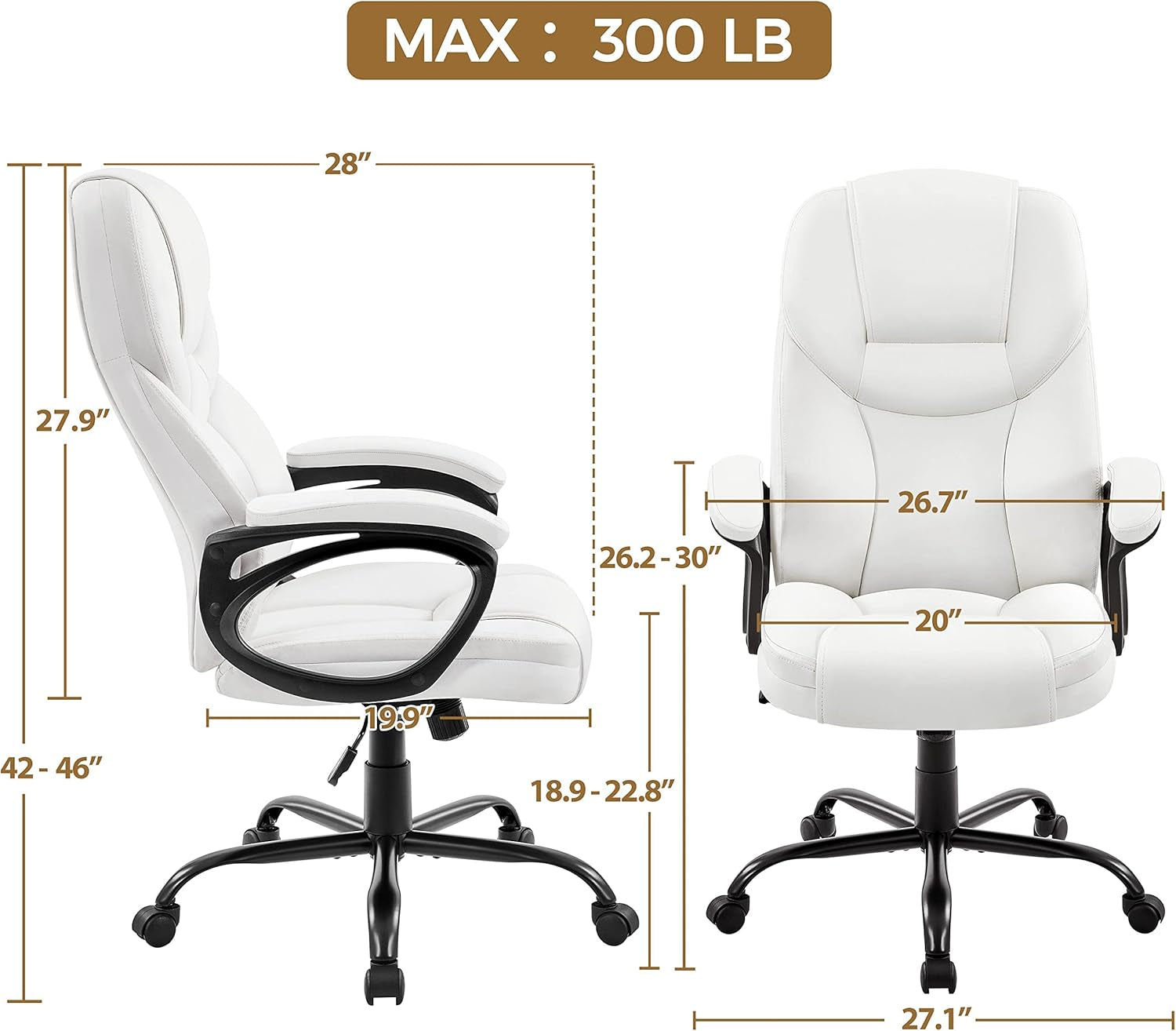 High Back Executive Chair Faux Leather Managerial Chair Ergonomic Task Chair Computer Meeting Chair Large Seat Swivel Chair, Sturdy Metal Base,White-2