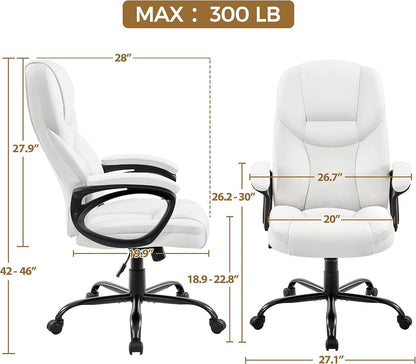 High Back Executive Chair Faux Leather Managerial Chair Ergonomic Task Chair Computer Meeting Chair Large Seat Swivel Chair, Sturdy Metal Base,White-2