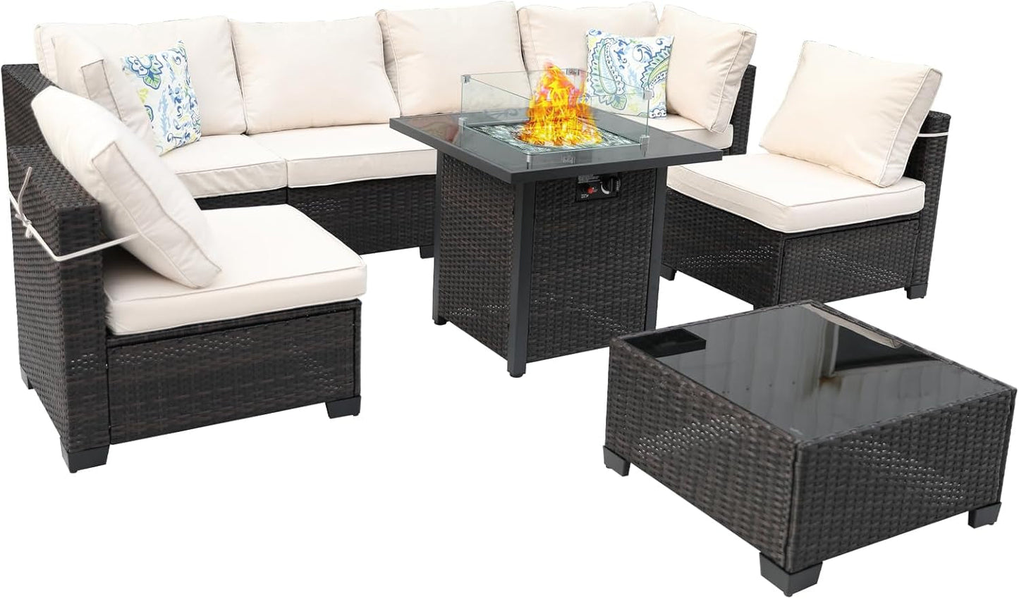 8 Piece Wicker Patio Furniture Set with Fire Pit