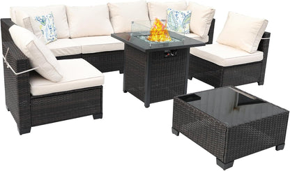 8 Piece Wicker Patio Furniture Set with Fire Pit