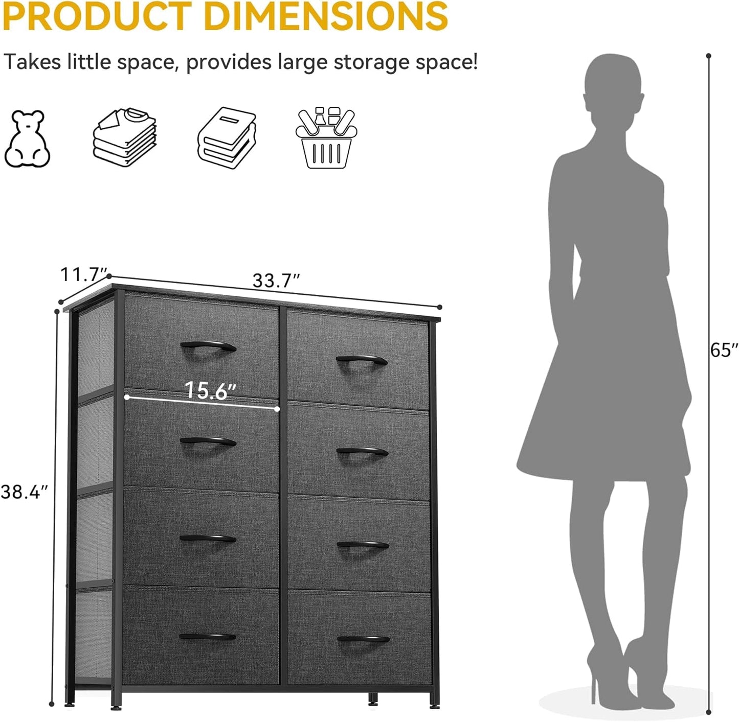 Dresser for Bedroom, Tall Dresser, Fabric Dresser with 8 Drawers, Double Dresser, Chest of Drawers for Closet, Living Room