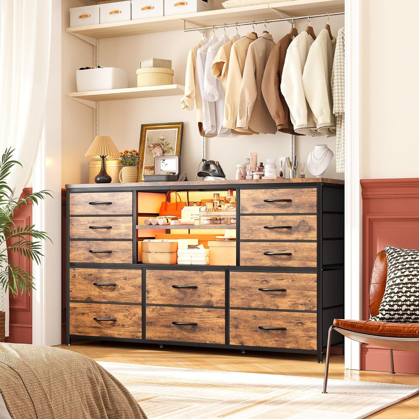 Dresser with LED Lights & Power Outlets, 12 Drawers Dresser TV Stand for 60''TV for Bedroom Dresser Fabric Dressers & Chest of Drawers, Sturdy Long Dresser for Closet Living Room,Hallway