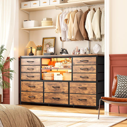 Dresser with LED Lights & Power Outlets, 12 Drawers Dresser TV Stand for 60''TV for Bedroom Dresser Fabric Dressers & Chest of Drawers, Sturdy Long Dresser for Closet Living Room,Hallway