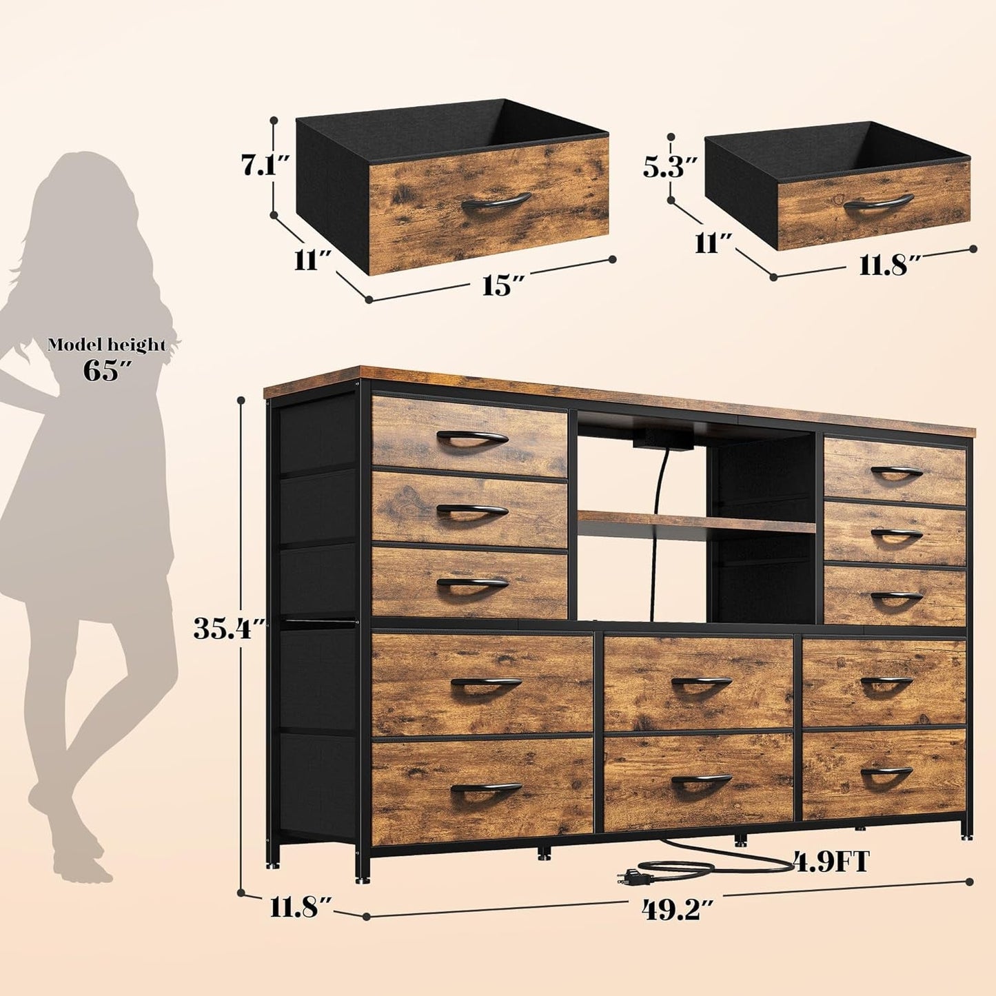 Dresser with LED Lights & Power Outlets, 12 Drawers Dresser TV Stand for 60''TV for Bedroom Dresser Fabric Dressers & Chest of Drawers, Sturdy Long Dresser for Closet Living Room,Hallway