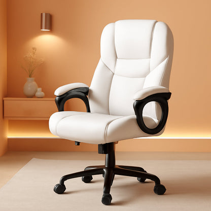 High Back Executive Chair Faux Leather Managerial Chair Ergonomic Task Chair Computer Meeting Chair Large Seat Swivel Chair, Sturdy Metal Base,White-0
